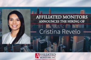 A professional headshot of AMI's Cristina Revelo along with her hiring announcement, with stock photography of the Chicago skyline in the background