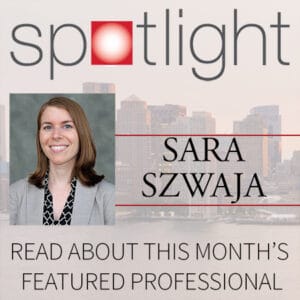 headshot of AMI's Sara Szwaja announcing her as this month's feature for the employee spotlight series