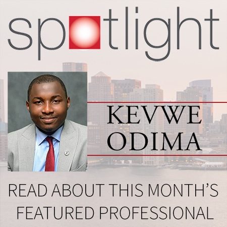 headshot of AMI's Kevwe Odima announcing him as this month's feature for the employee spotlight series